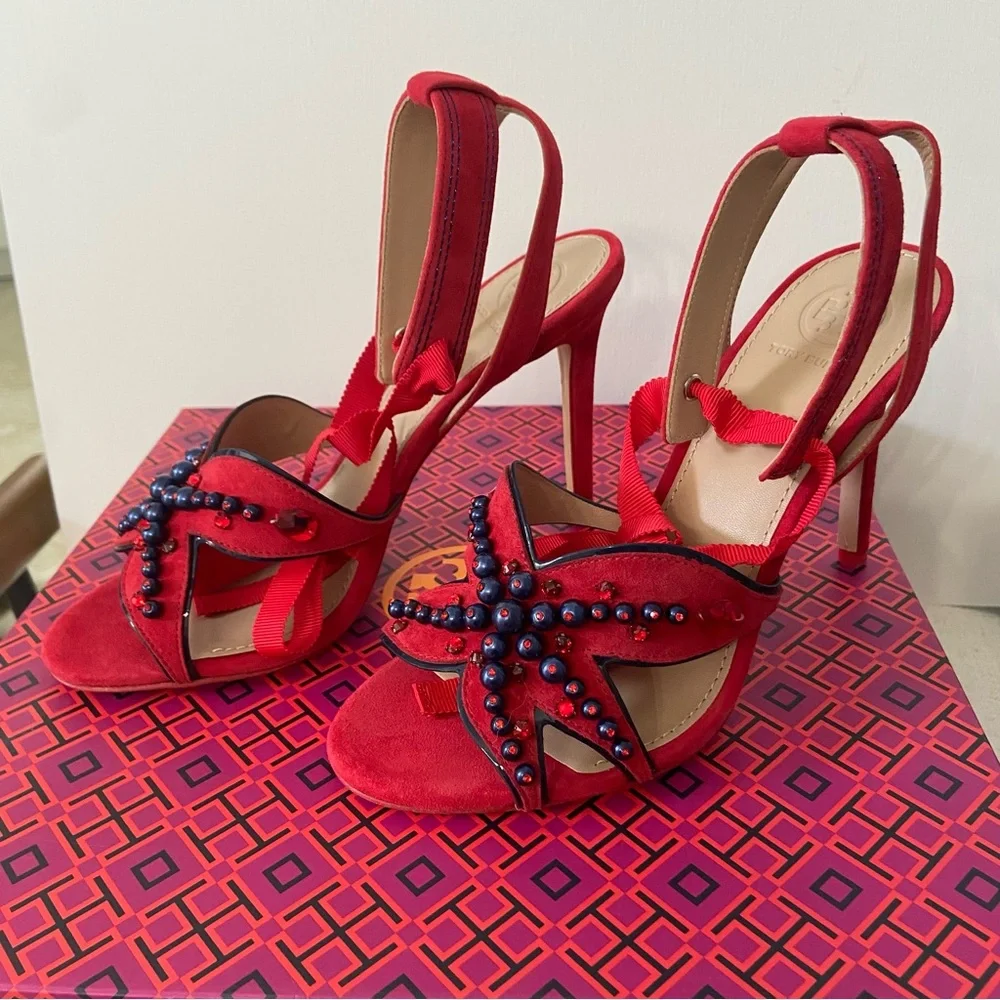 TORY BURCH NIB Seaside Red Suede Beaded Ribbon Ankle Strap Heels 7